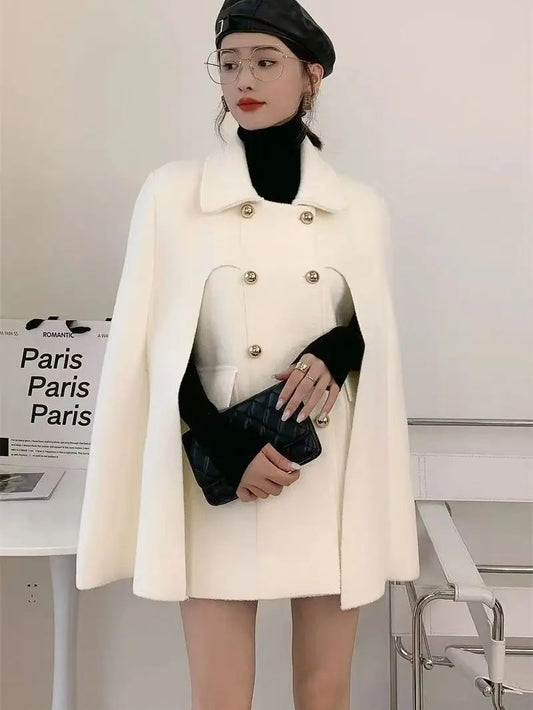 Elegant European Style Double-Breasted Knitted Cape Coat for Women