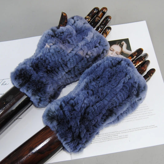 Genuine Rex Rabbit Fur Knit Mitten Gloves for Women - Fingerless Winter Warmth