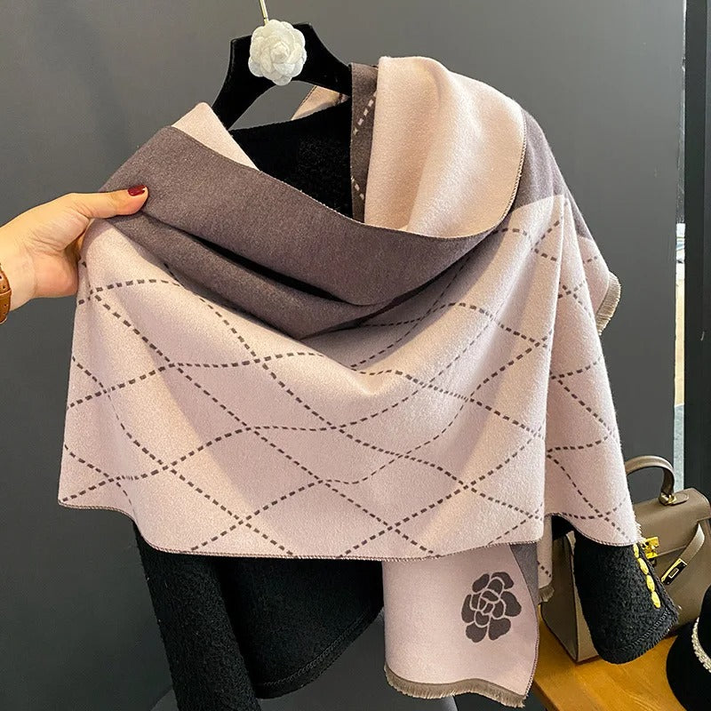 Luxurious Double-Sided Imitation Cashmere Winter Shawl with Camellia Sinensis Design