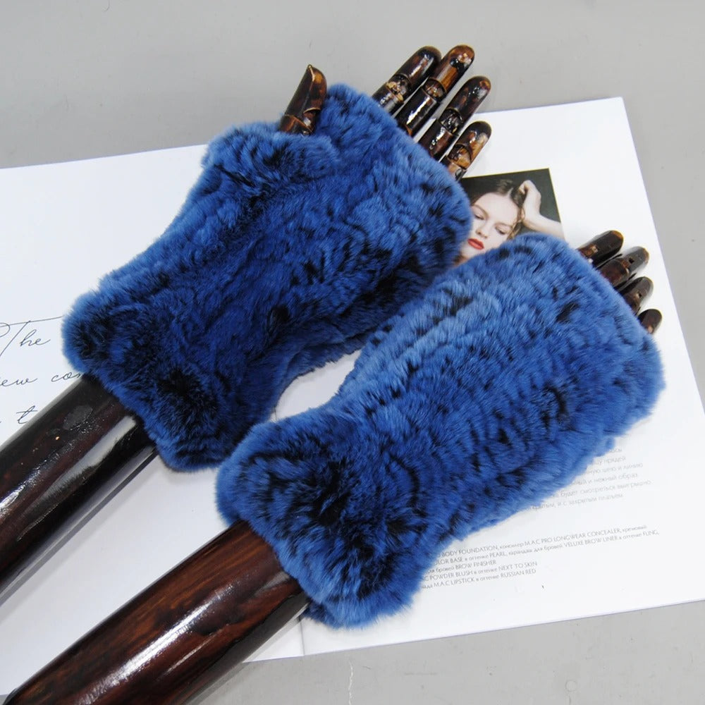 Genuine Rex Rabbit Fur Knit Mitten Gloves for Women - Fingerless Winter Warmth