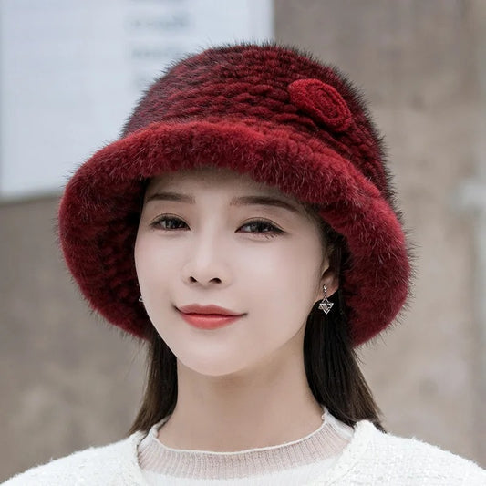 Winter Solid Mink Fur Hat with Flower Detail – Soft Knit Real Fur Bucket Hat for Women