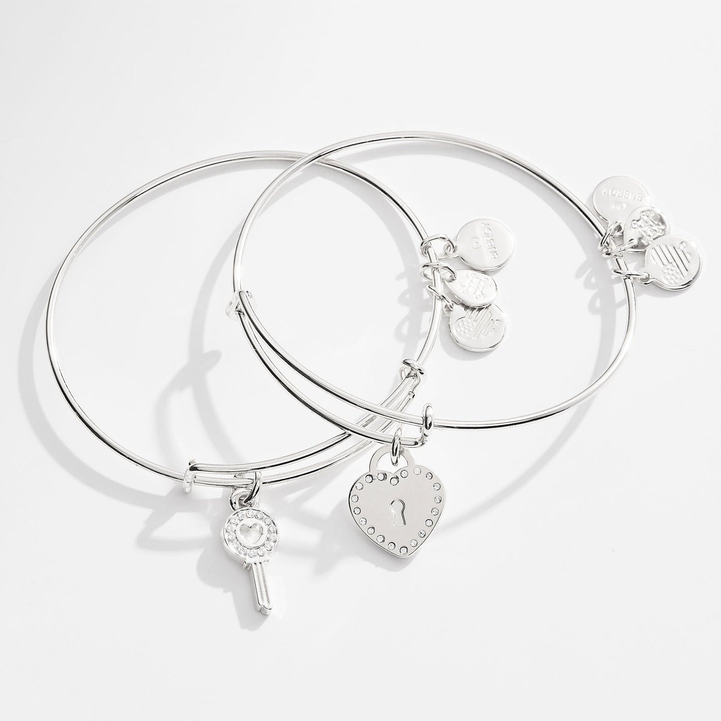 Pavé Key to Love Charm Bangle Bracelets, Set of 2