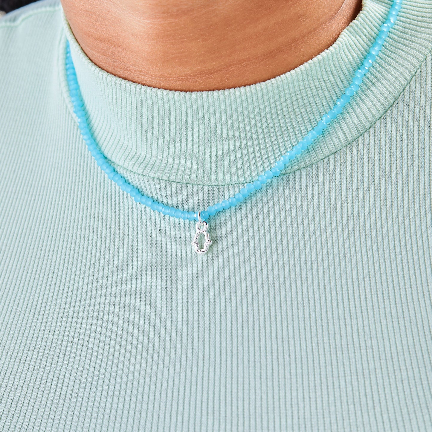 Protection Hamsa + Blue Bead Necklace, Adjustable