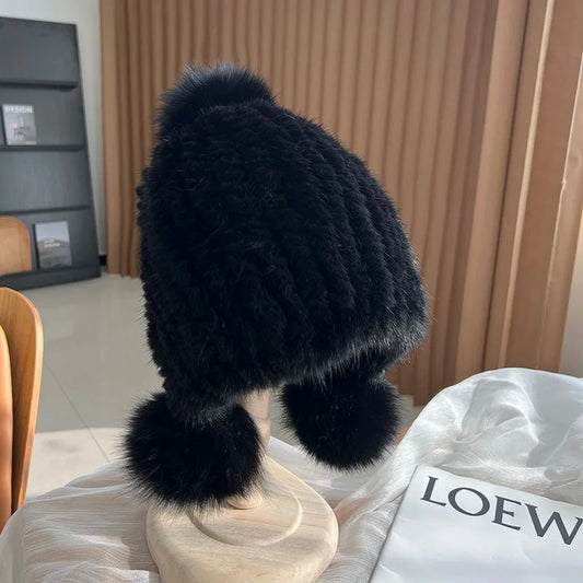 Women's Real Mink Fur Knitted Hat with Fox Fur Pompom - Winter Warm Spiral Beanie