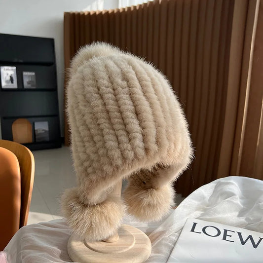 Women's Real Mink Fur Knitted Hat with Fox Fur Pompom - Winter Warm Spiral Beanie