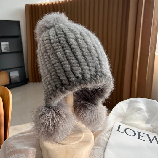 Women's Real Mink Fur Knitted Hat with Fox Fur Pompom - Winter Warm Spiral Beanie