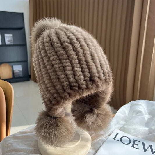 Women's Real Mink Fur Knitted Hat with Fox Fur Pompom - Winter Warm Spiral Beanie