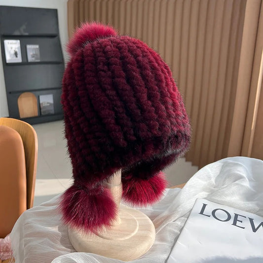 Women's Real Mink Fur Knitted Hat with Fox Fur Pompom - Winter Warm Spiral Beanie